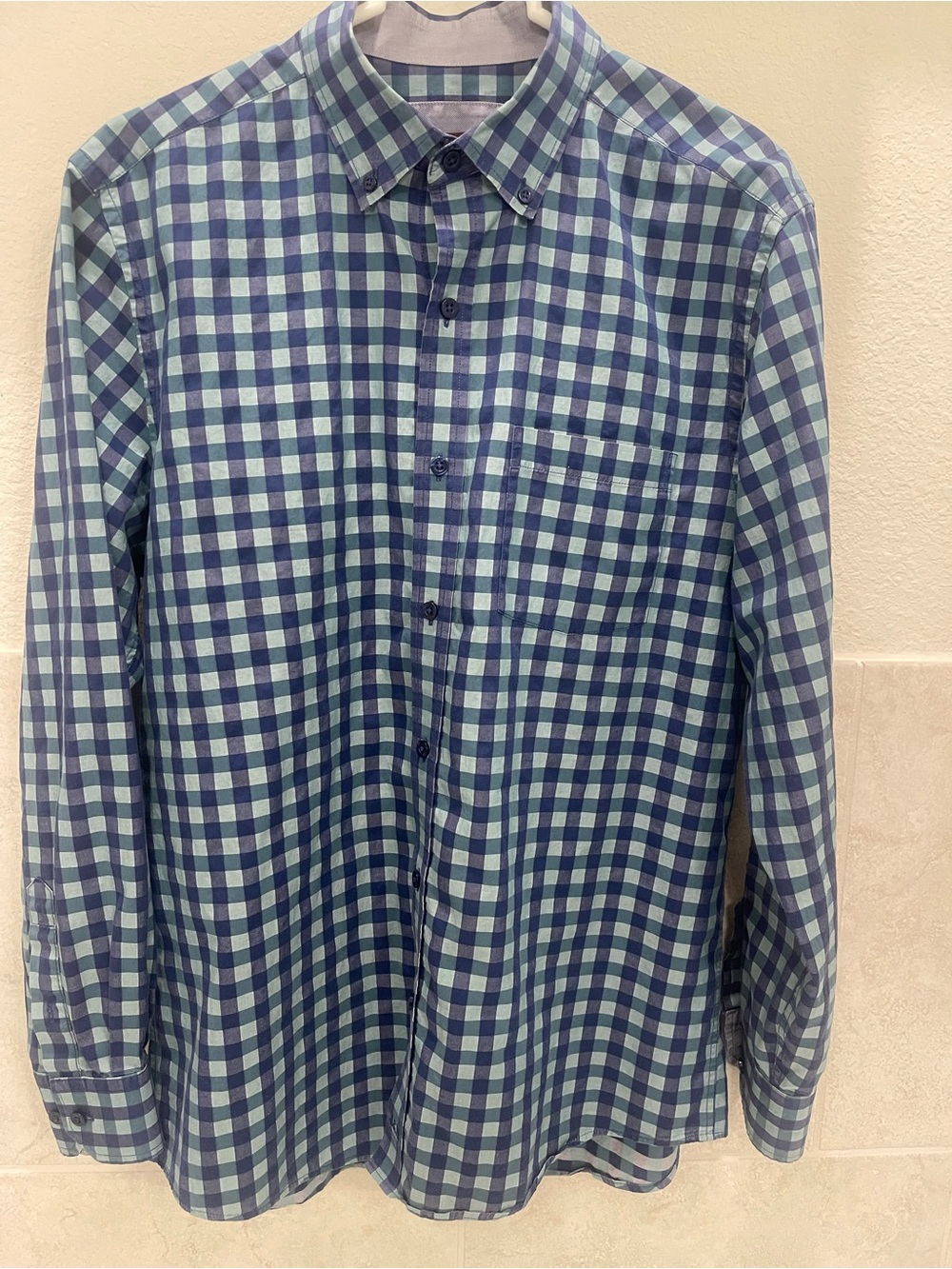 Johnston & Murphy Men's Size M Blue Green Gingham Plaid Button Down Shirt